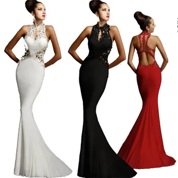 

Women's Dress European and American Fishtail Lace Sexy Applique Sleeveless Halter Dress Slim Dress