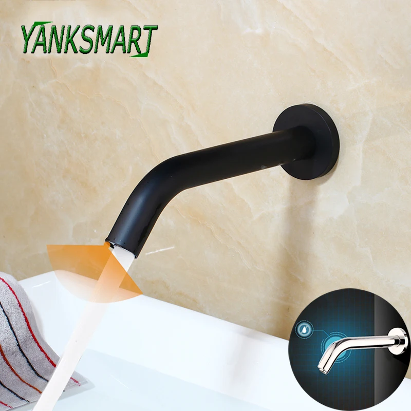 

YANKSMART Black Chrome Bathroom Faucet Wall Mount Sensor Faucet Automatic Hands Free Touch Sensor Basin Sink Tap Faucet