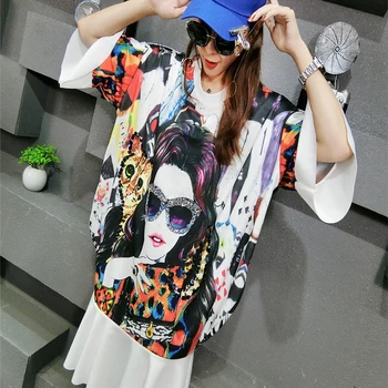 

MUMUZI European High Street Women Loose Dress Women Print Sequined Pleated Dresses 3/4 Sleeve Summer Dress Long white T shirt