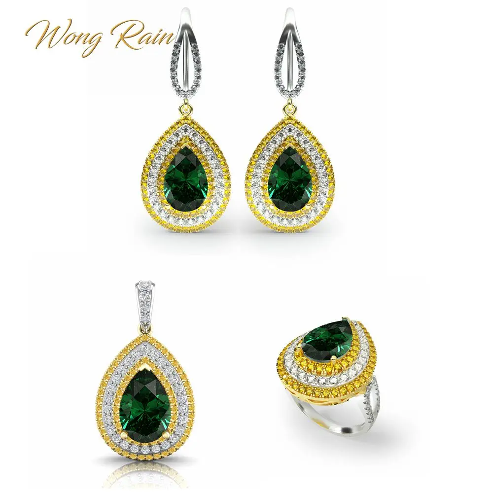 Wong Rain Vintage 100% 925 Sterling Silver Sets Water Drop Pear Emerald Gemstone Necklace/Earrings/Ring Jewelry Wholesale | Украшения и