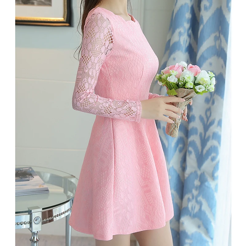 

Women Dress 2019 Spring Summer Lace Casual Long Sleeve A-line Slim Dresses White Black Blue Party Office Dress Plus Size Robe