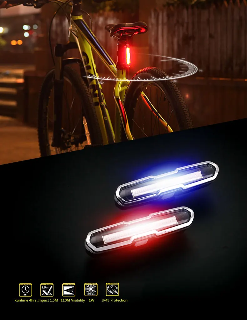 Велосипедный задний светильник, велосипедный задний светодиодный фонарь, USB перезаряжаПредупреждение фонарь для безопасности, Вертикальное горизонтальное Крепление, два цвета