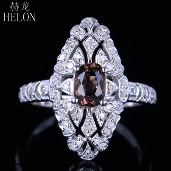 

HELON Genuine Smokey Quartz 7x5mm Oval Solid 10k White Gold Art Deco Vintage Antique Real Diamonds Engagement Wedding Fine Ring