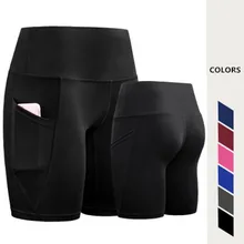 Новые Сексуальные женские шорты для йоги с карманами и высокой посадкой быстросохнущая спортивная одежда фитнес спортивные трико для бега костюм Спортивная одежда XXL