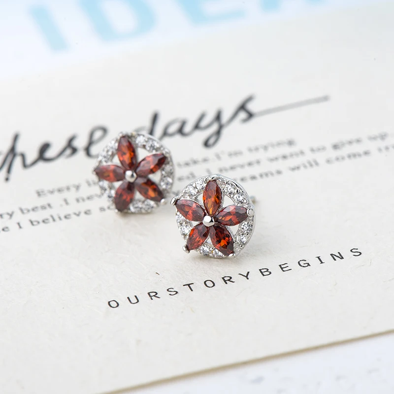 

Sterling Silver Earrings Wholesale Red Zircon Diamond Earrings Flower Bloom Stud for Women Engagement Jewelry with Box