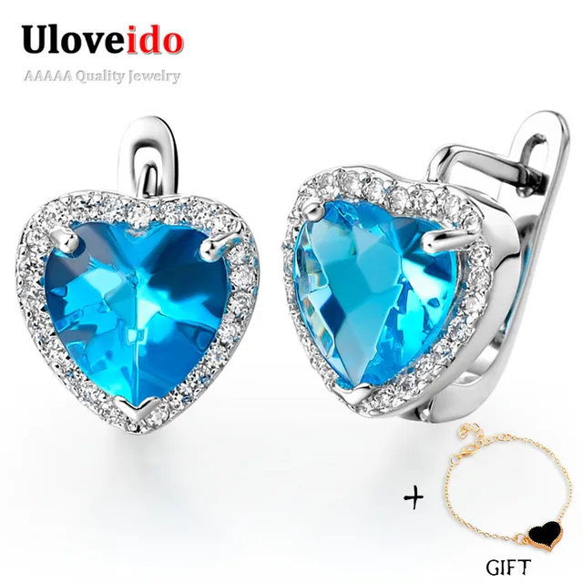 Uloveido Love Heart Blue Cubic Zirconia Earrings Stud Simulated Uloveido Love Heart Blue Cubic Zirconia Earrings Stud Simulated Shire Jewelry For Women Sterling Silver 925