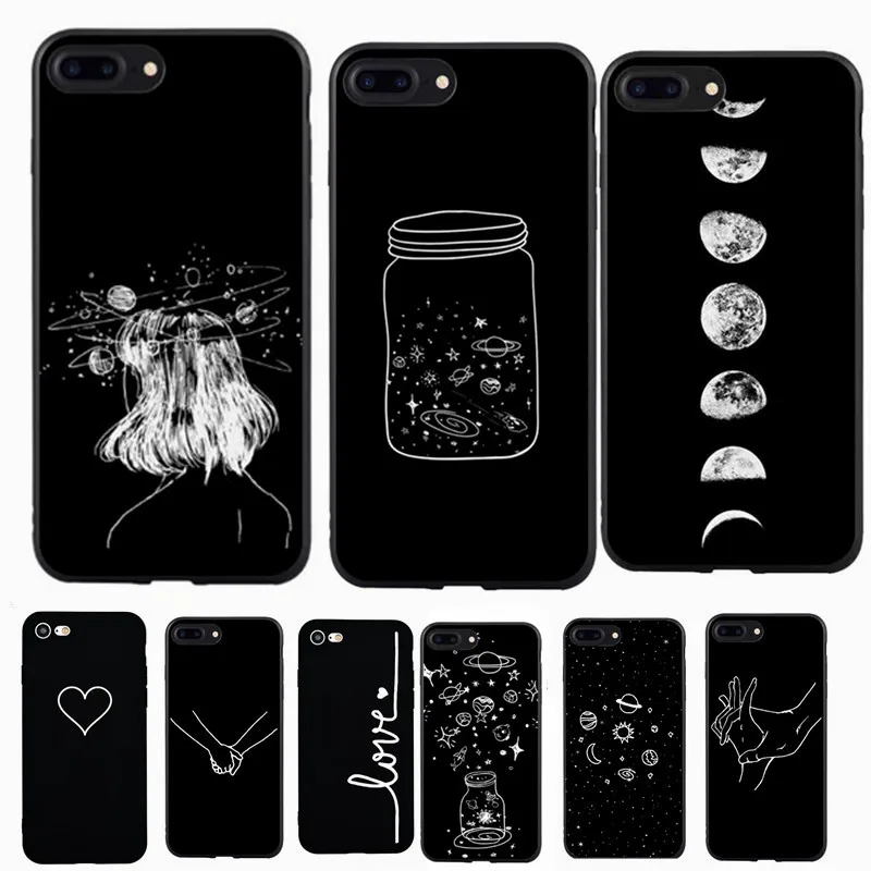 

Art Line Phone Case For iPhone 6 6s 7 8 Plus X 5 5s SE Cover Fashion Cute Cartoon Love Heart Soft TPU Black Capa For iPhone 8