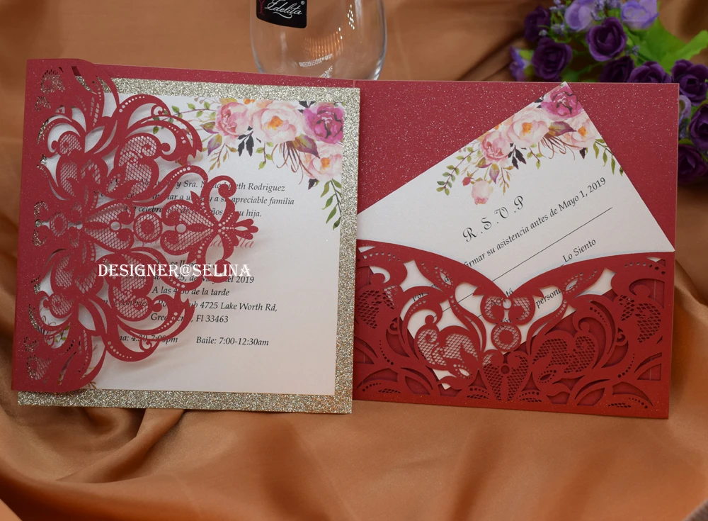 us 80 75 5 off luxurious red laser cut trifold pocket quinceanera invitations with rsvp card glitter bottom wedding invitation in cards quinceanero invitations