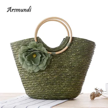 

Arsmundi 2018 New Style Casual Women's Rattan Handle Woven Solid Color Double Package Flower Hand Woven Straw Bag Beach Bag
