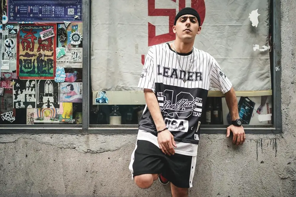 

Baseball Sport Stripes Spliced Patch Extended Mesh Edge Brim Print Top Short Sleeve Summer Cotton Black Off White T-shirt Men