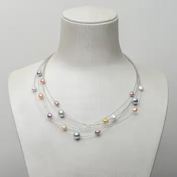 

Free Shipping 5-7.8mm Multicolor Real Akoya Pearl Keshi Pearl Necklace 925 Sterling Silver 16"