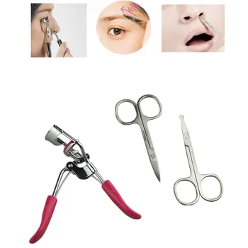 

KESMALL 3Pcs Makeup Tools Set Pincel Maquiagem Eyelashes Curler Eyebrow Scissor Round Tip Vibrissa Scissors Kit CO144T