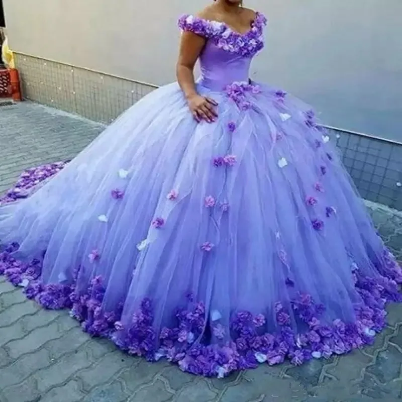 Фиолетовое бальное платье Бальные платья с цветами ручной работы с открытыми плечами свадебное платье с длинным шлейфом Формальные платья - Цвет: Фиолетовый