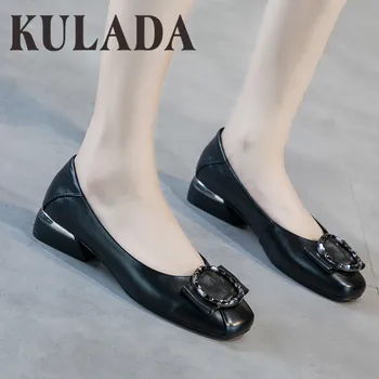 

KULADA Women Genuine Leather Basic Slip-On Shoes Women Soft Leather Solid Loafer Shoes Ladies Rubber Sole Classic Black Shoes