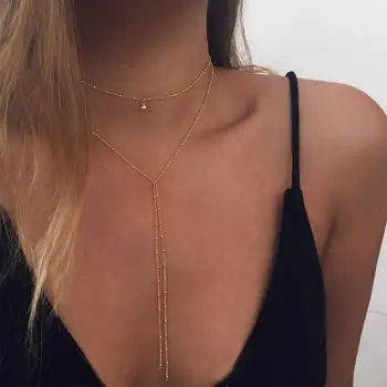 

FAMSHIN 2017 New Delicate women necklace Y Lariat necklace Dainty Gold beaded chain Choker necklace