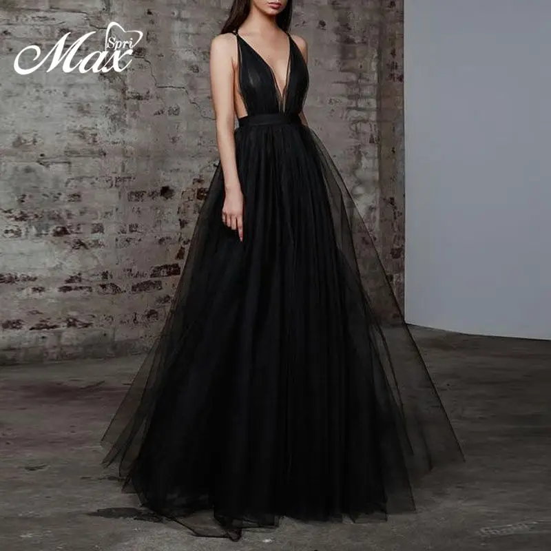 

Max Spri 2019 New Strappy Mesh Plunging Neckline Sleeveless Ball Gown White Black Elegant Women Party Outfit Maxi Dress