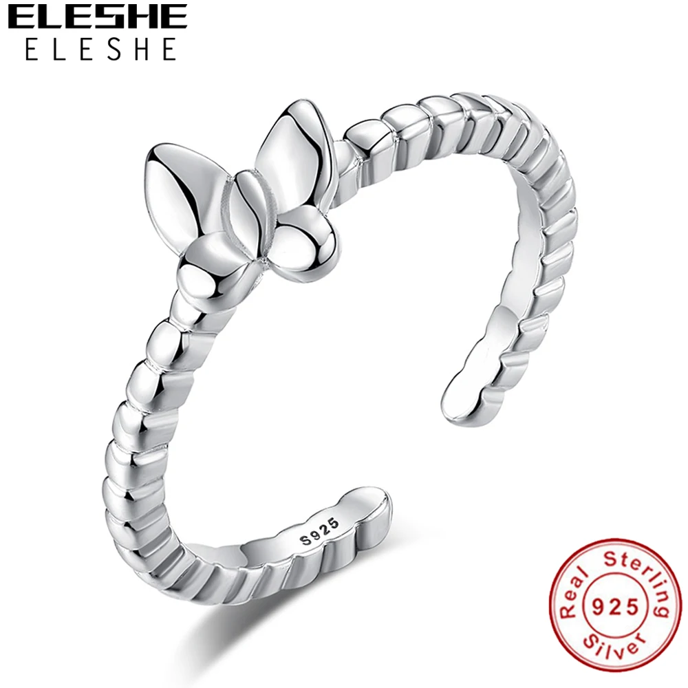 ELESHE Lovely Ladies Butterfly 925 Sterling Silver Open Rings For Women With Silver Adjustable Ring Jewelry Gifts