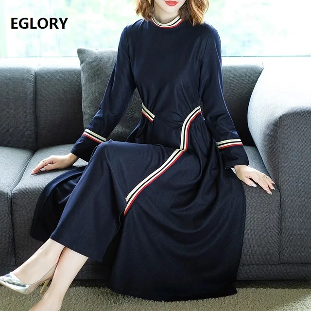 High Quality Denim Dress Autumn Winter Casual Dress for Women Striped Patchwork Long Sleeve Mid-Calf Length Blue Jeans Dress