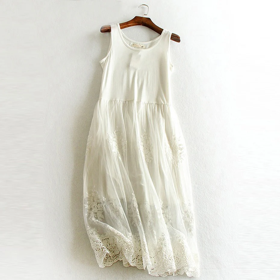 Women White Lace A Line Dress Summer Solid Sleeveless Spaghetti Strap