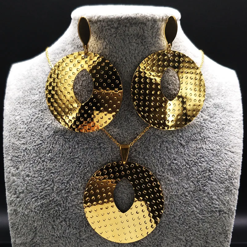 

Stainless Steel Gold Color Dubai Jewelry Sets Women Necklace Earring Big Round Jewelry Sets collares grandes de moda 2019 S17618