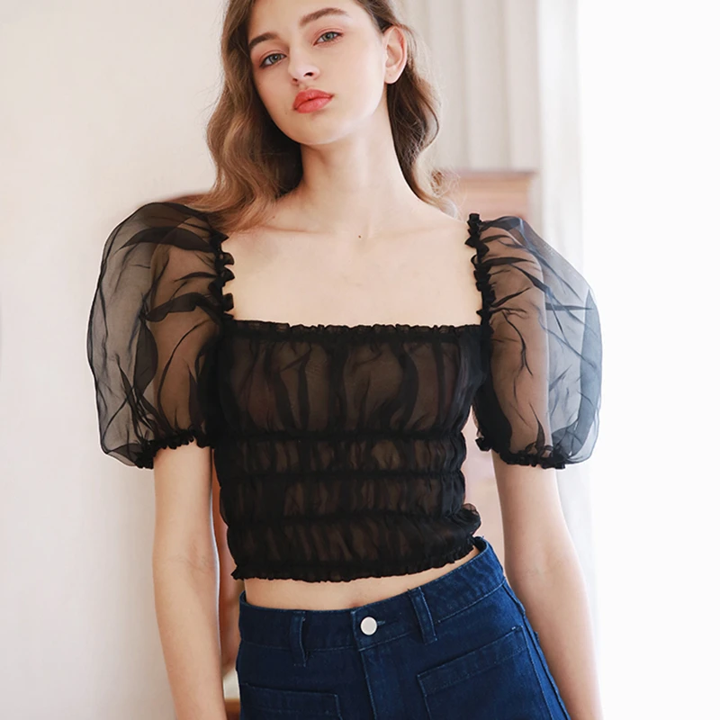 

2019 Summer Runway Blouse Women Sexy Square Neck Backless Puff Sleeve Short Shirt Female Holiday Party Tops