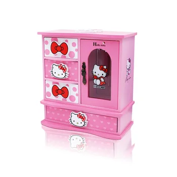 

Cartoon Hello Kitty Wooden Jewelry Box Desktop Storage Box with Music KT Makeup Storage Bin Organizer Bead Storage Containers
