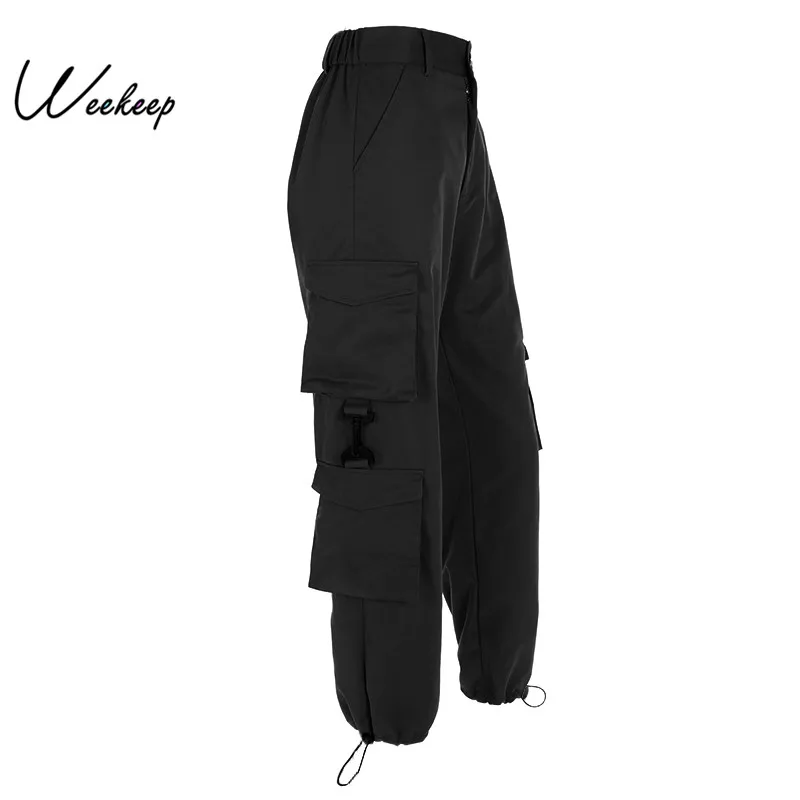 

Weekeep Patchwork High Waist Cargo Pants Women Loose Streetwear Pockets Pencil Pants Fashion Ankle-length Hip Hop Trousers Women