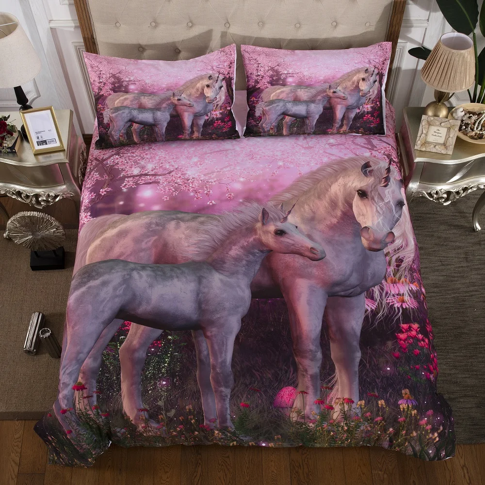 

Pink Floral Duvet Cover Bedding Set 3D Digital Printing Unicorn Home Bed Linen Set with Pillowcase 100% Microfiber Bedclothes