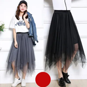 

2019 New spring summer fashion irregular mesh half-length long skirt elastic waist large swing skirt