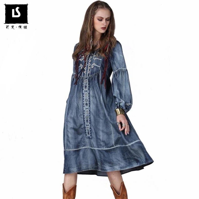 

New 2018 spring autumn women's Loose denim dress Lantern sleeve nation style vintage High quality embroidery dresses for female