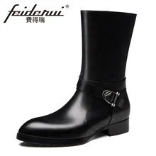 Модные Дизайнерские мужские высокие ботинки до середины икры из натуральной кожи; мужские ковбойские мотоциклетные ботинки ручной работы с острым носком и ремешком; HQS259