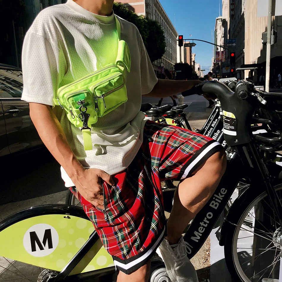 Men's Scottish Plaid Shorts Fashion Streetwear Side Zipper Lattice Mesh Stretch Waist Loose Knee length Justin Bieber Same Short