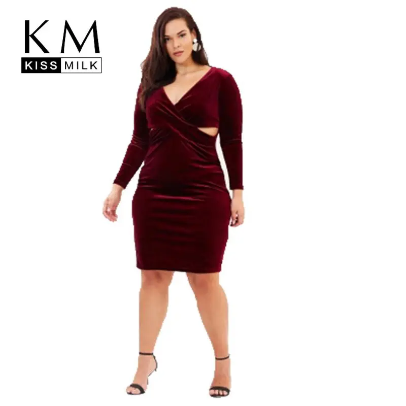 

Kissmilk Plus Size V-neck Wine Red Erogenous Knee Sock Elegance 2018 New Cross Pleated Openwork Long Sleeve Velvet Dress3-7XL