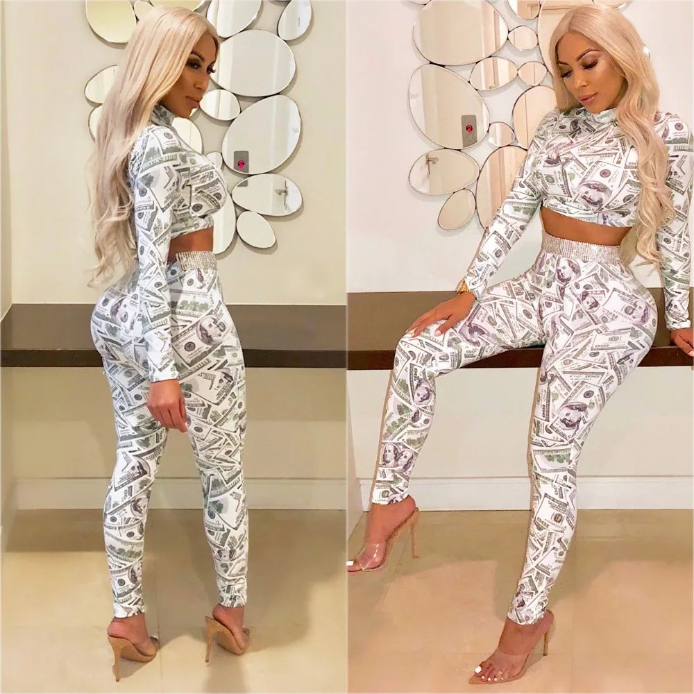 2 Pieces Set Outono Women Dollar Bill Printing Slim Bodycon Crop Top Pants Set Women Sportwear Two Pieces Tracksuit Autumn 2018 