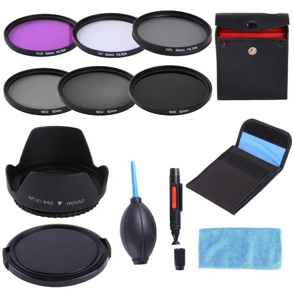 9 in1 49 52 55 58 62 67 72 77 82 mm Lens UV Filter Cap Cover CCD+ Air Blow ND UV CPL Filter Cloth 52mm Lens Cap line 2 hot Shoe Lens Hood