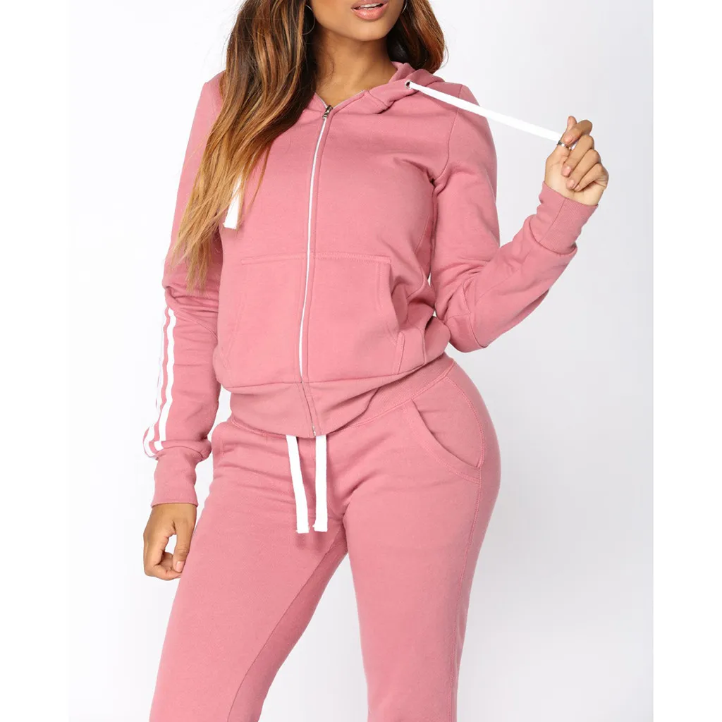 

2 piece set women Fashion women's suit Casual Stripe Zipper Long Sleeve Pullove Sport Tops+Long Pants Set