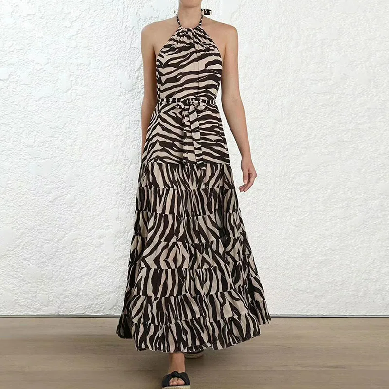 

HIGH STREET Newest Fashion 2019 Designer Runway Dress Women's Halter Neck Backless Zebra Print Dress