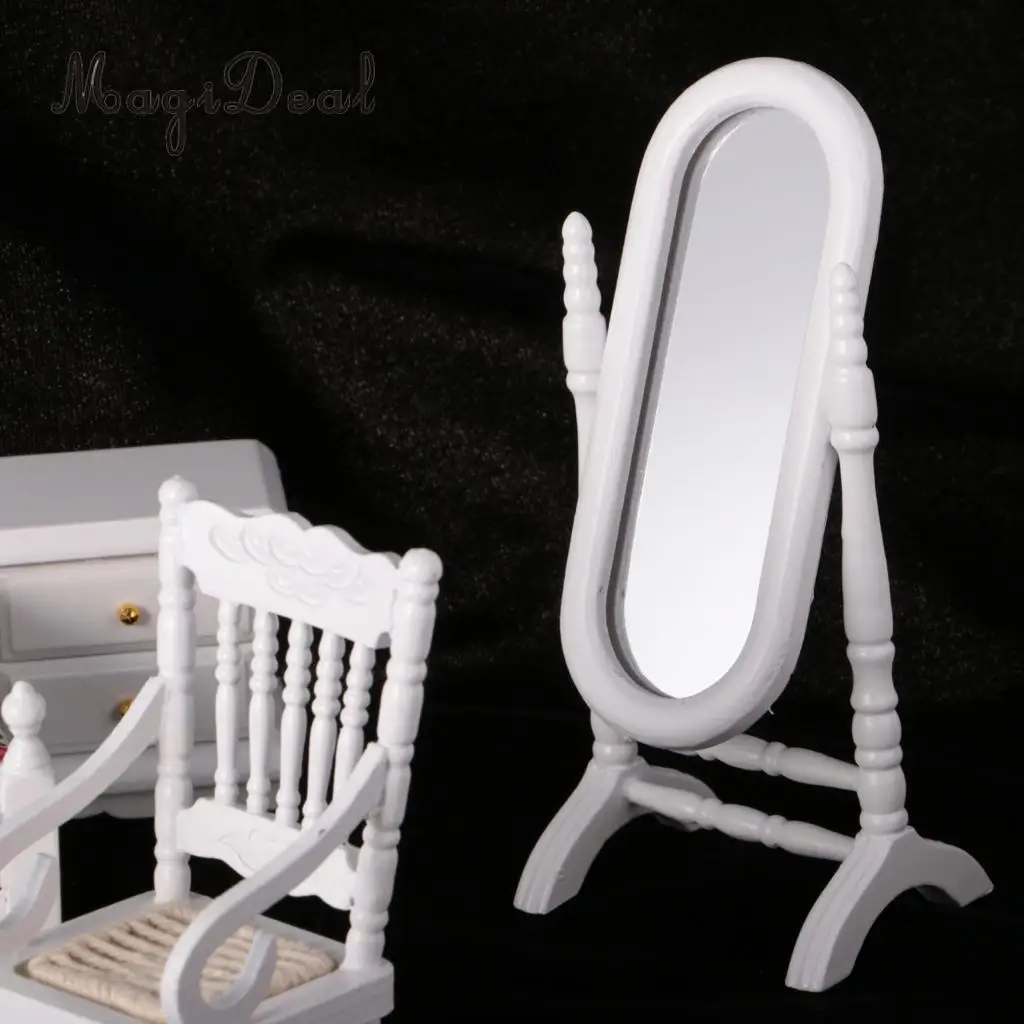 European Retro Design 1:12 Dollhouse Miniature White Wooden Bedroom Double Bed Dresser Mirror Chair Furniture Accs Kids Toys
