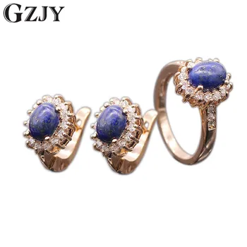 

GZJY Romantic Style Natural Lapis lazuli AAA Cubic Zircon Rose Gold Color Flower Earrings Ring Set For Women Wholesale