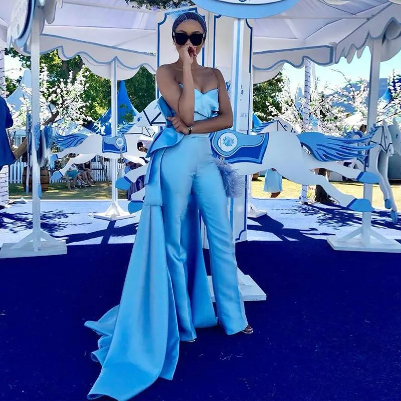 

Sky Blue Prom Jumpsuit With Train 2019 Matte Stain Strapless Draped Peplum Arabic Dubai Occasion Evening Dresses Pant Suit