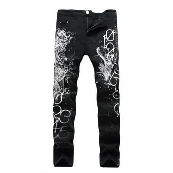 

2019 New Design Biker Jeans Men's Black Pattern Printing Fashion Denim Trouser High Elasticity Male Slim Pants Plus Size 42