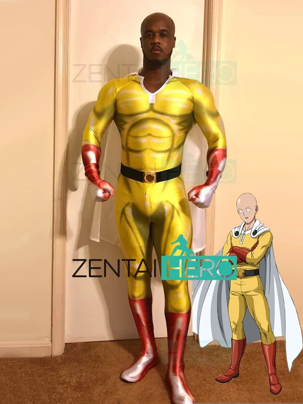 

Free Shipping 3D Printed NEW One-Punch Man Cosplay Costumes Lycra Spandex Yellow Superhero Bodysuit Halloween Costume No Belt