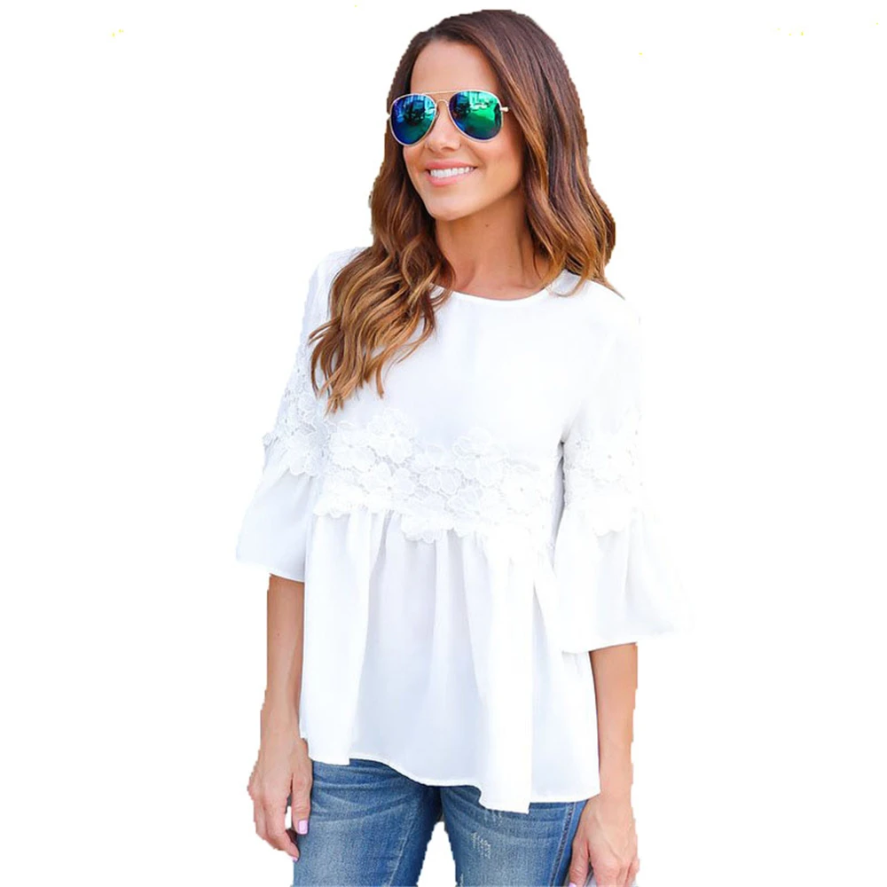 Women Half Flare Sleeve Shirts 2017 Summer Casual O-neck Beach Blusas All-match Patchwork White Lace Blouse Tops |