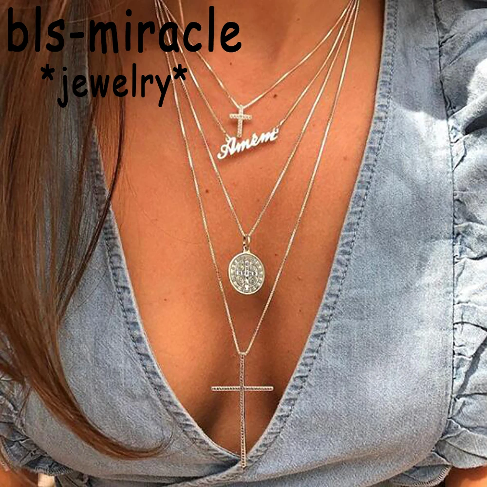 

MAA-OE Bohemian Crystal Big Cross Pendant Necklaces For Women Multi layer Letter Choker Necklace Statement Jewelry Gift 93