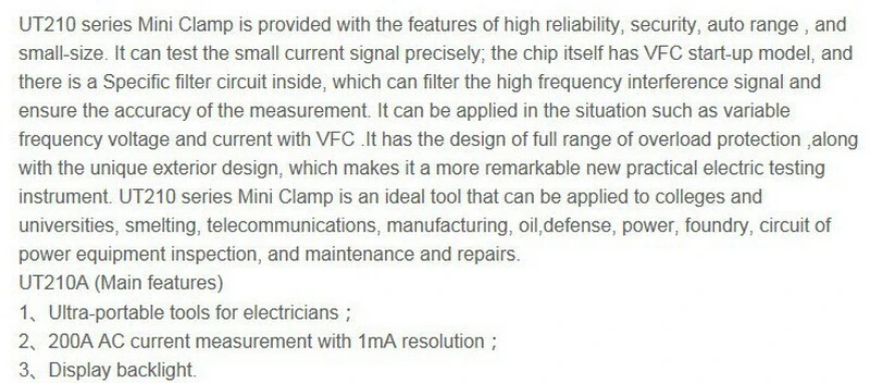 Uni-t UT210A 200A 2000 конусов Мини ЖК Электрический Профессиональный Многофункциональный Высокая чувствительность утечки токовые клещи