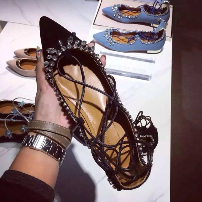 2017 New Designer Spring&Autumn Zapatos Mujer Schoenen Vrouw Cross-tied Ankle Strap Crysta Embellished Shoes Women Suede Flats
