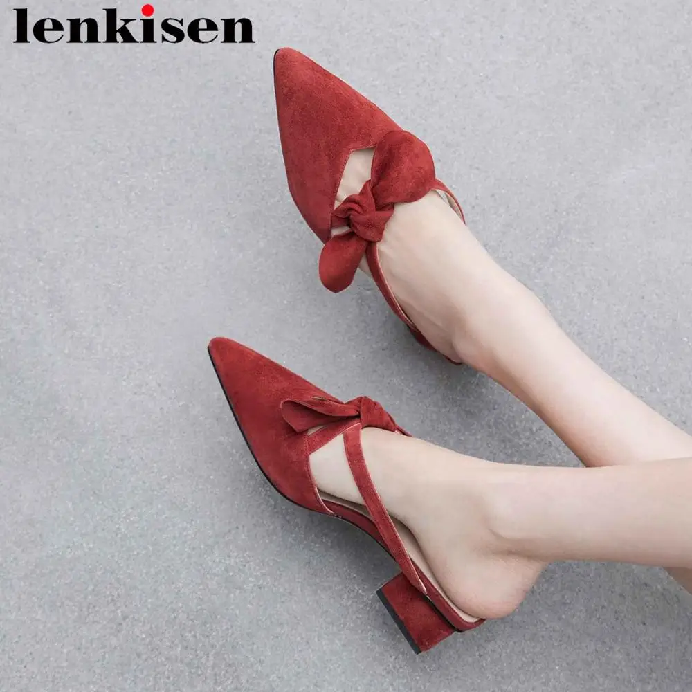 

Lenkisen natural leather butterfly-knot decoration slip on women pumps chunky heels sweety girls pointed toe dating shoes L6f2