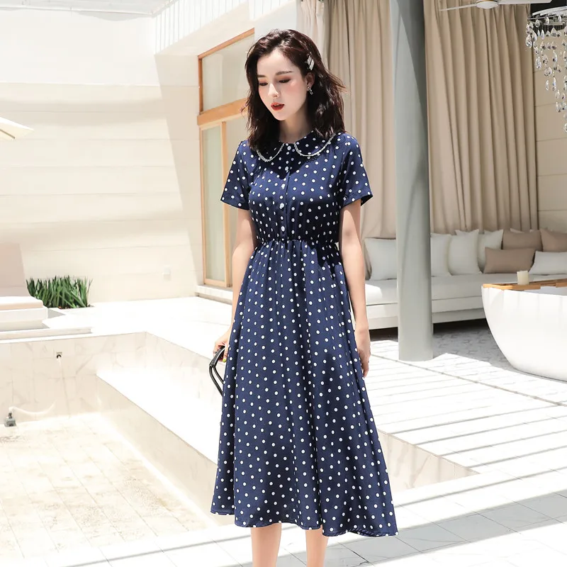 

Women's Long Dress Casual Sleeveless Ruffled Loose Dresses Elegant Dot Printed Beach Maxi Vestidos Retro Doll Collar Dresses