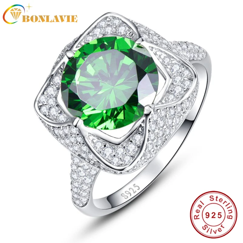 

BONLAVIE Luxurious Wedding Accessories 6.5ct Natural Emerald Topaz Square Ring 925 Sterling Silver Rings For Women Size 6/7/8/9