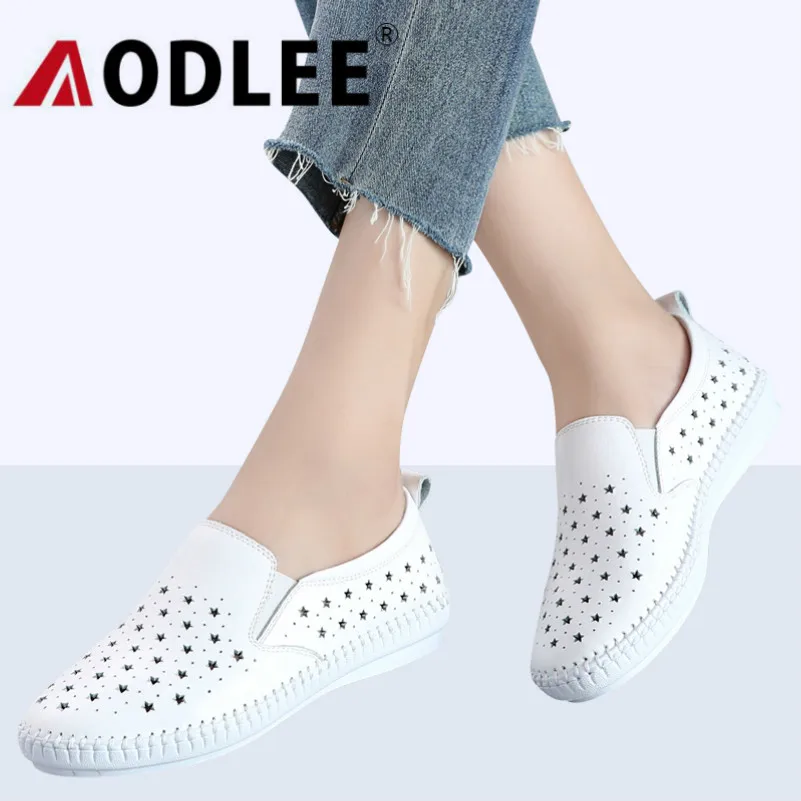 

AODLEE Hollow out Handmade White Shoes Woman Leather Shoes Breathable Slip on Women Flats Loafers tenis feminino Ladies Shoes